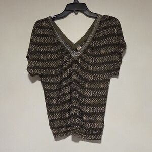 Free People Olive and Cream V-Neck Blouse